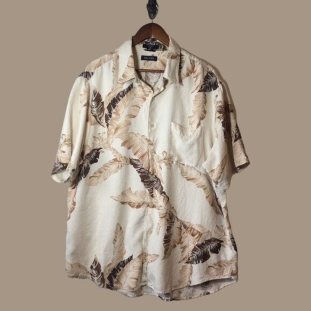 Nautica Button Down Shirt with Leaf Print Size XL 100% Silk - Picture 1 of 8
